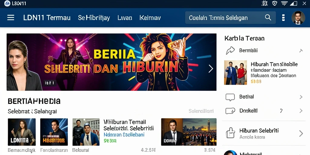 Antarmuka modern aplikasi LDN11 yang menampilkan berita hiburan selebriti.